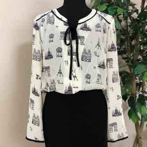 Talbots Paris Print Tied Button Front Blouse